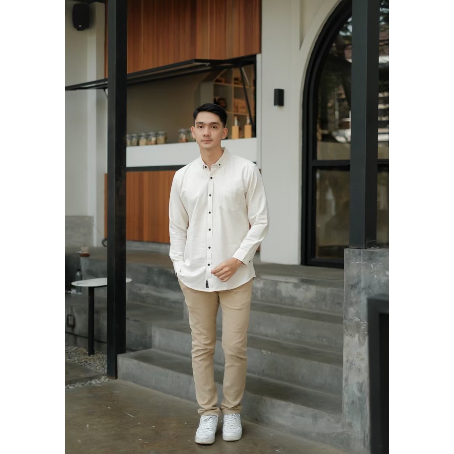 NESS kemeja katun linen panjang kemeja katun lengan panjang kemeja pria bahan katun  linen kemeja pria atasan pria lengan panjang kemeja panjang katun kemeja katun panjang 04 BROKEN WHITE