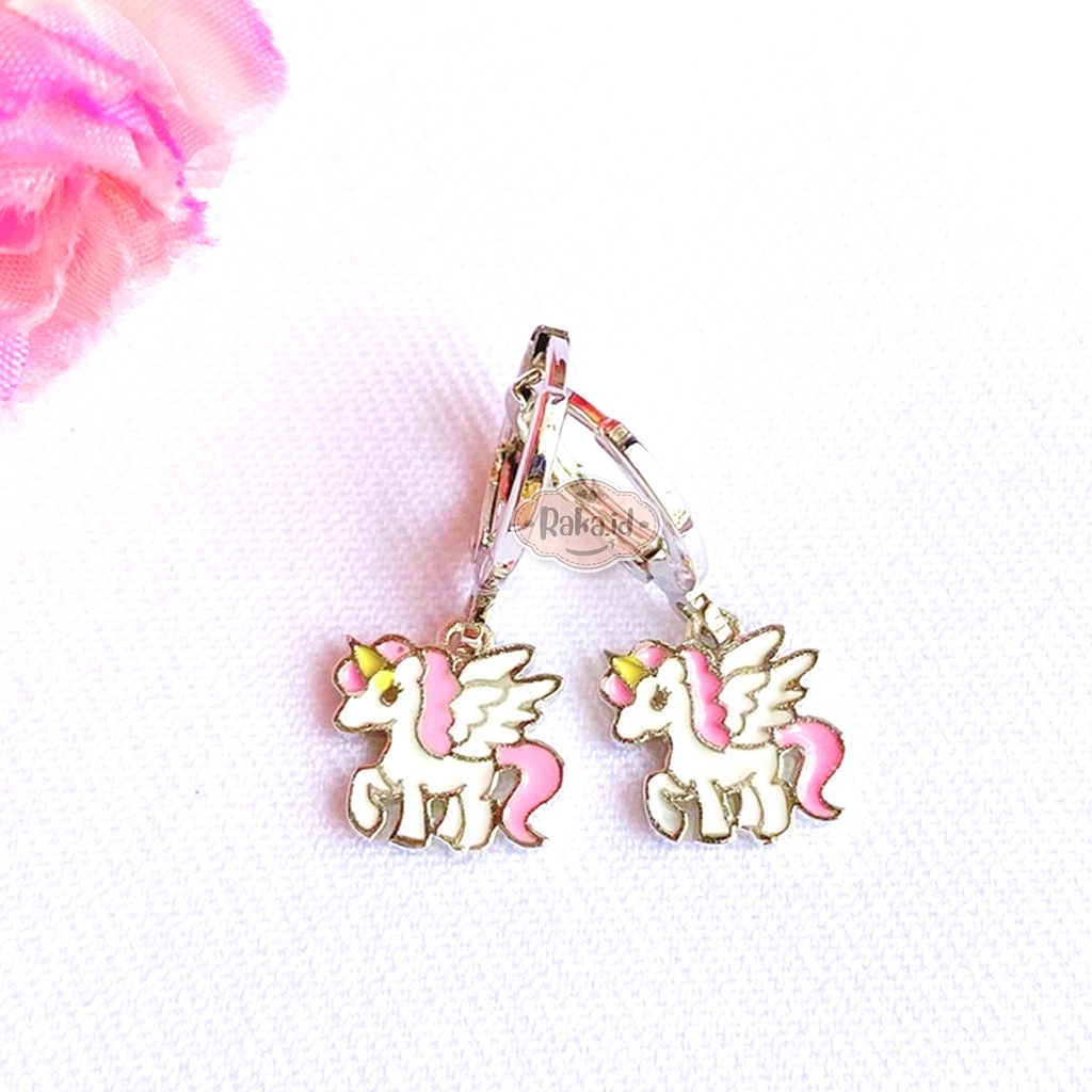 Anting Clip / Klip Bulat Motif Unicorn Sayap Putih Perhiasan Aksesoris Wanita / Anak 1036