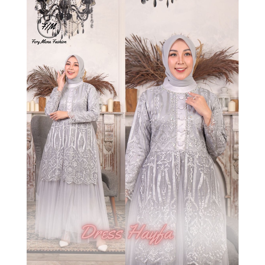 Gamis tulle hayfa//dres modern//dresss terbaru//gamis tulle pesta//fashion wanita