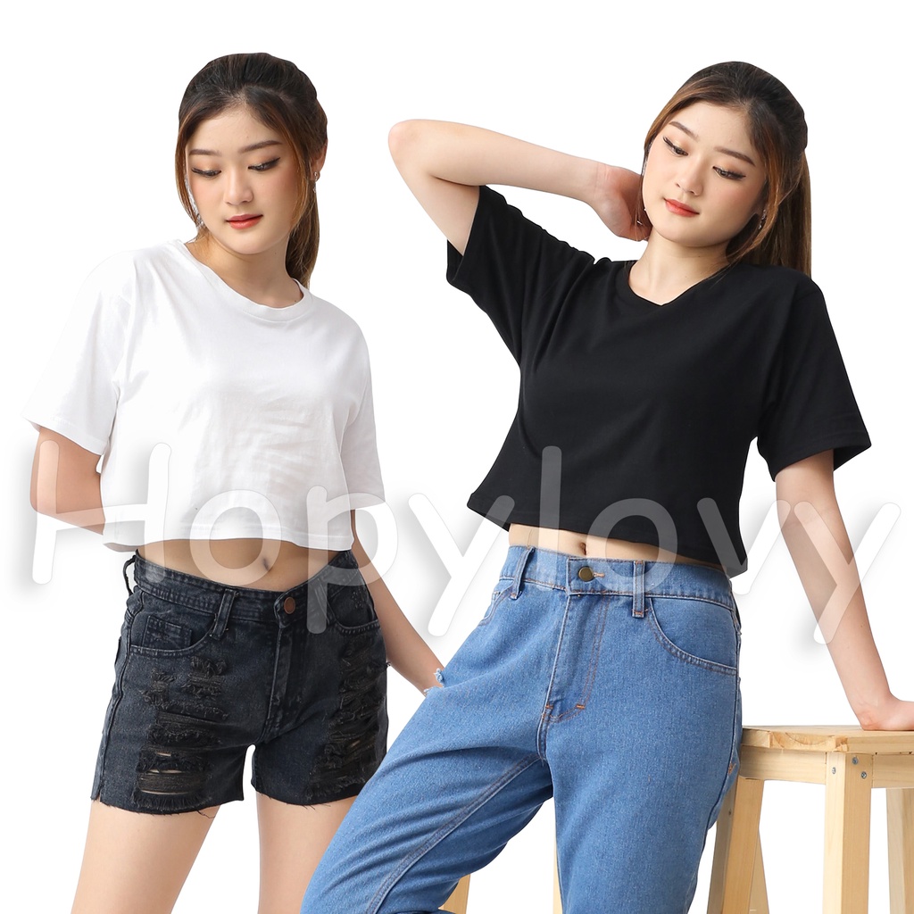 HOPYLOVY - Kaos Crop Wanita Polos bahan Katun super Comfy Starla