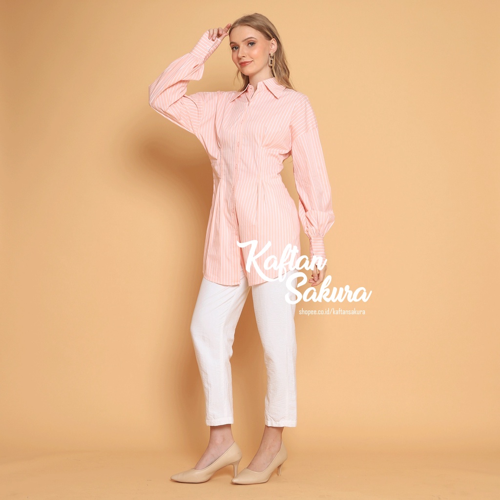 Blouse kemeja Shirt premium salur atasan top wanita Ukuran S M L kemeja kerja bahan katun