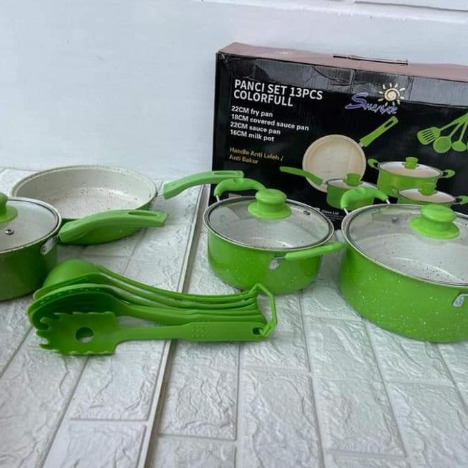 Ready Stock] Panci Set Warna 13In1 Panci Teflon Penggorengan Anti Lengket - Hijau, Dengan Bubble