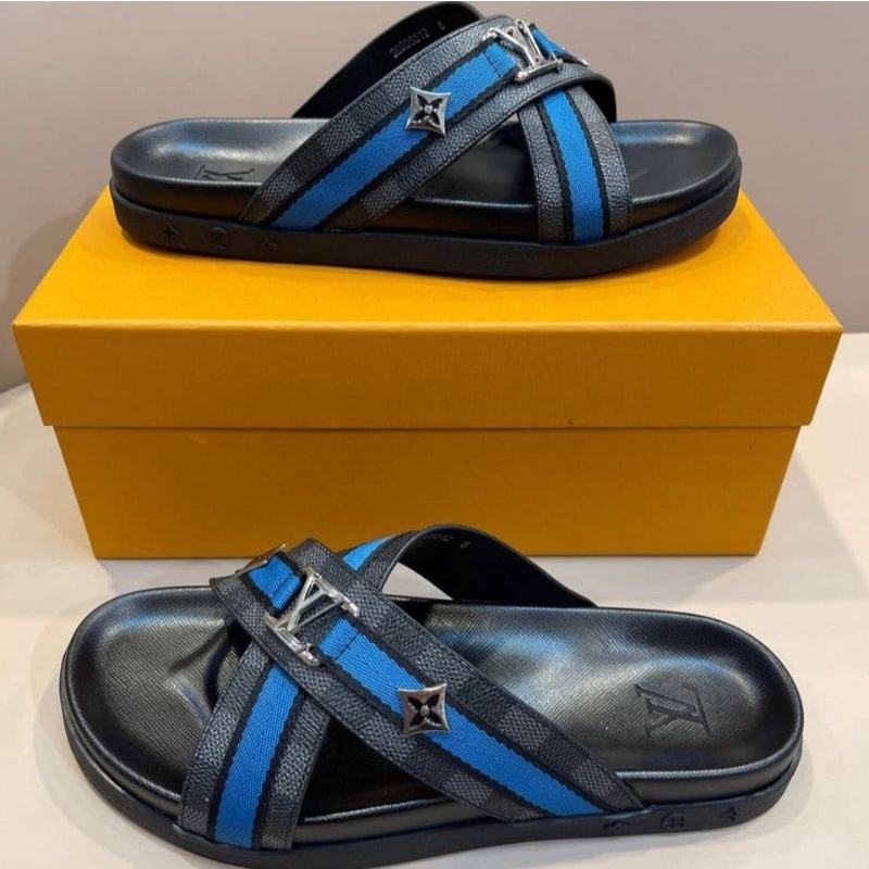 lv damier hitam sandal pria slide sendal flat motif kotak cowok mirror quality