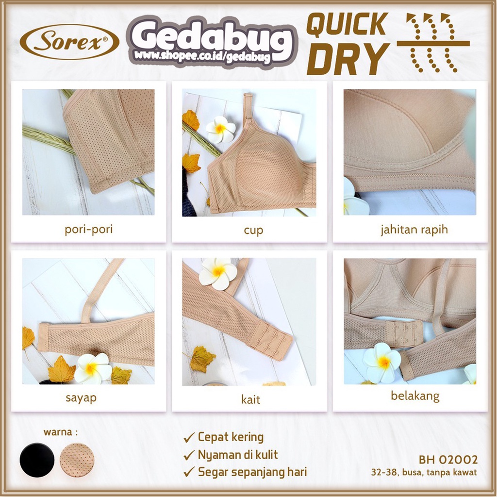 Bra Sorex Quick Dry 02002 | Bra Wanita Dewasa Cup Besar | BH Berpori Busa Tanpa Kawat kancing 2 | Gedabug