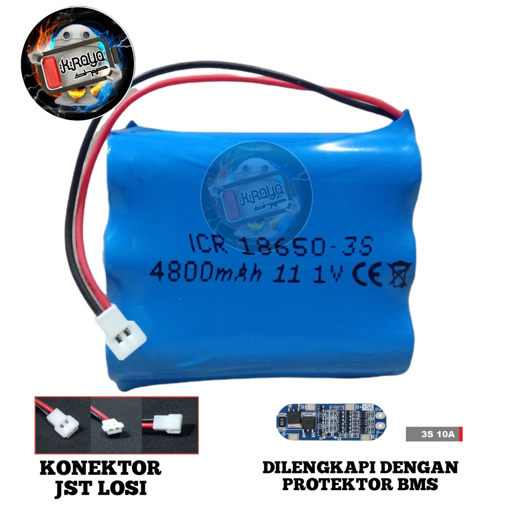 Baterai RC/ Baterain Speaker Bluetooth / Baterai Mainan RC Lainnya 3x 18650-3S 4800mAh 11.1V Protektor BMS 10A Konektor JST LOSI