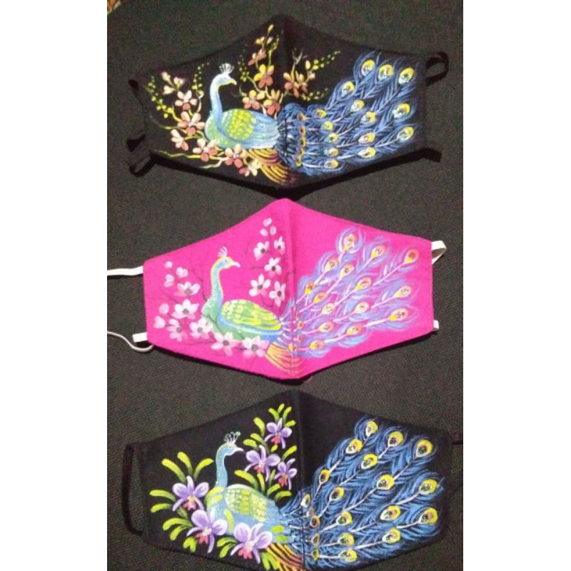 Masker Kain 3 ply Lukis Premium Motif Burung Merak dan Cendrawasih