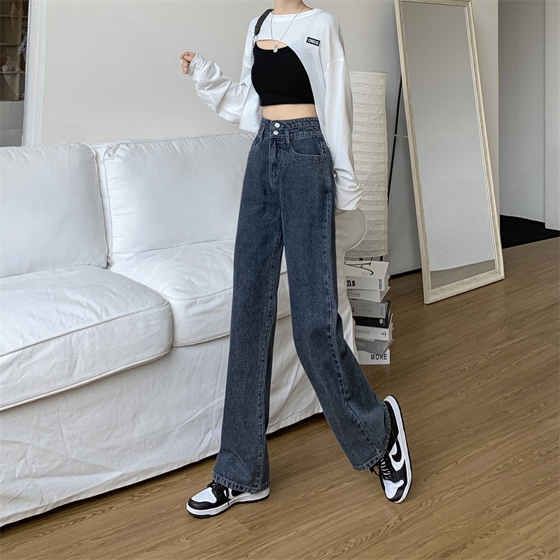 Celana panjang wanita baru slim-fit high-waist straight-leg jeans（Two buttons）