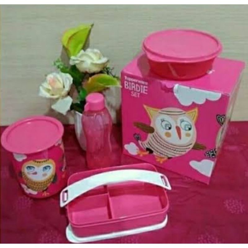 BIRDIE SET TUPPERWARE TEMPAT MAKAN WANITAPINK /botol pink /STOPLES  SNACK CANISTER PINK