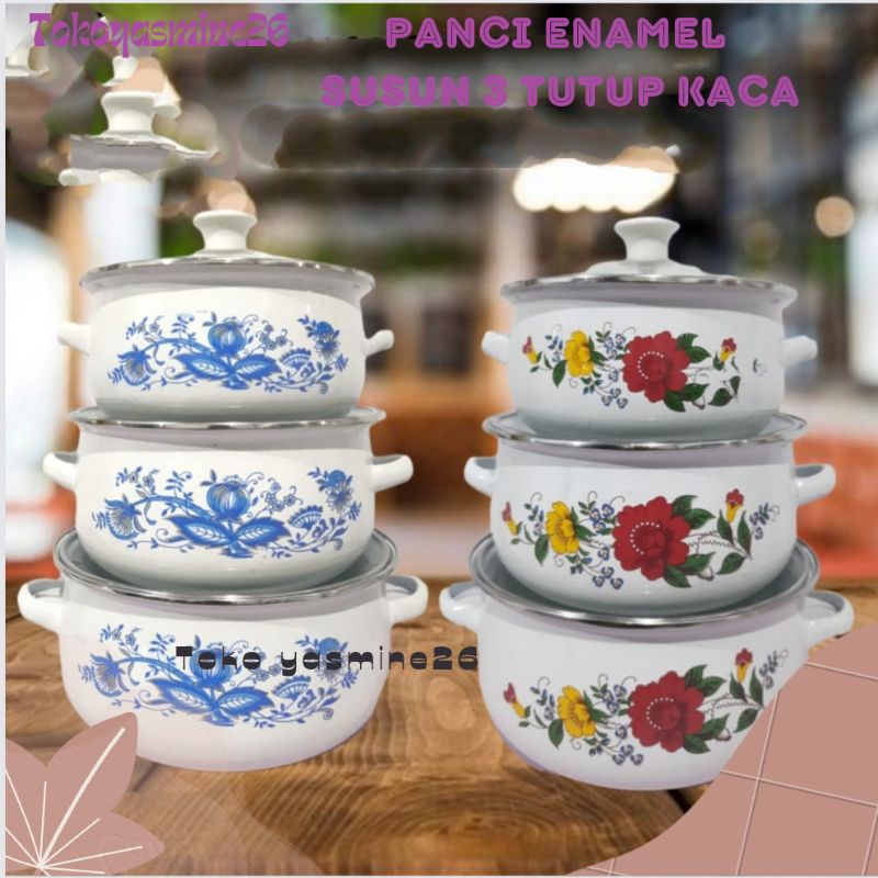 Panci Set Enamel 3 Pcs Tutup kaca/Panci Set Jadul/Panco Set Enamel Bunga