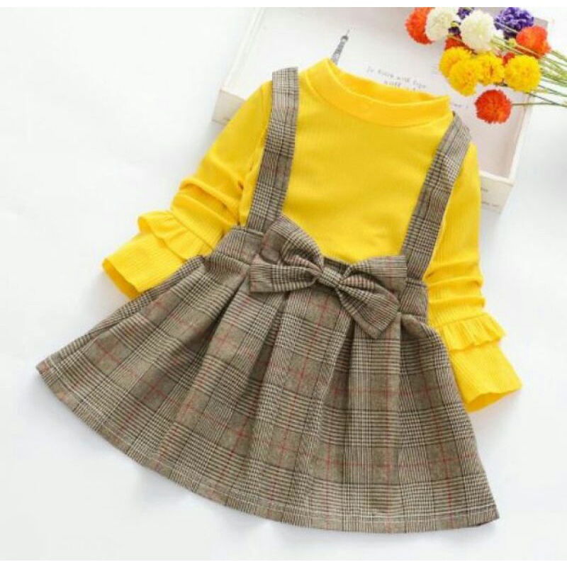 DRESS OVERALL ANAK PEREMPUAN LENGAN PANJANG ROK KOTAK KOTAK