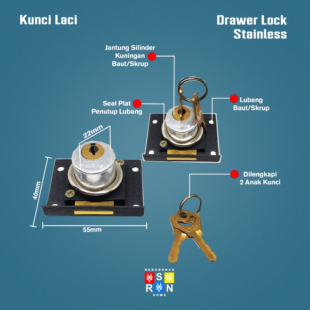 Kunci Laci Kuningan 22mm l Kunci Loker l Kunci Lemari l Drawer Lock Resonance Home