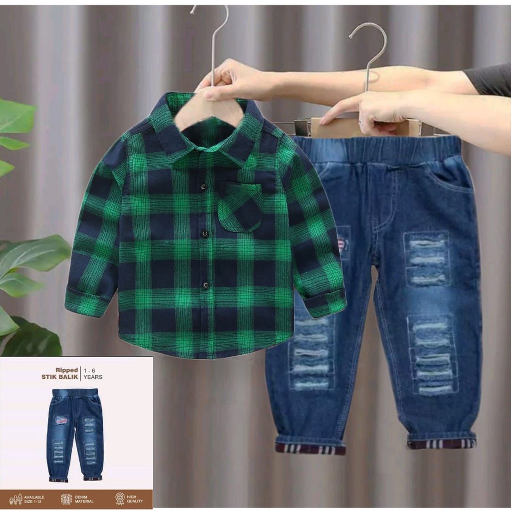 SETELAN KEMEJA FLANEL ANAK DAN JEANS STIK BALIK ANAK LAKI LAKI 1-7 TAHUN TERLARIS / SETELAN KEMEJA DAN LEVIS PANJANG ANAK / SETELAN LEBARAN ANAK