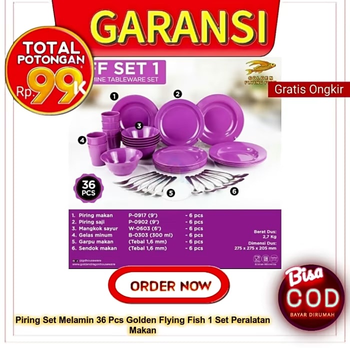 Piring Set Melamin 36 Pcs Golden Flying Fish 1 Set Peralatan Makan