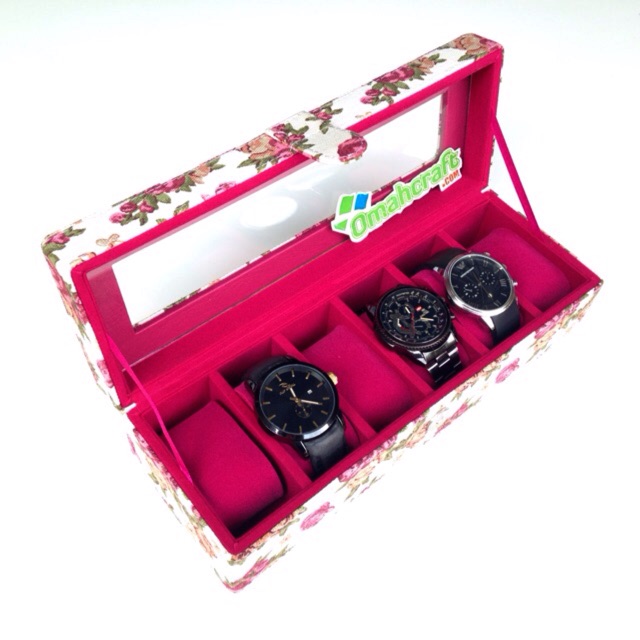 Kotak Jam Tangan isi 6 Motf BUNGA PINK / box Tempat Jam Tangan Watch Box Organizer