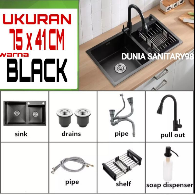 Paket Kitchen Sink ONAN 7541 Black bak cuci piring ONAN Stainless sus 304 Hitam