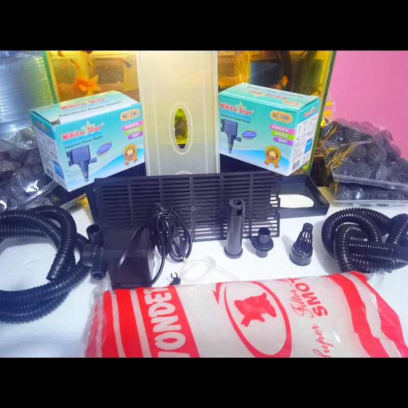 PAKET MURAH POMPA PEMBERSIH AQUARIUM NS 1200 MERK NIKITA STAR PLUS BOX FILTER DAN KAPAS PEMBERSIH DLL