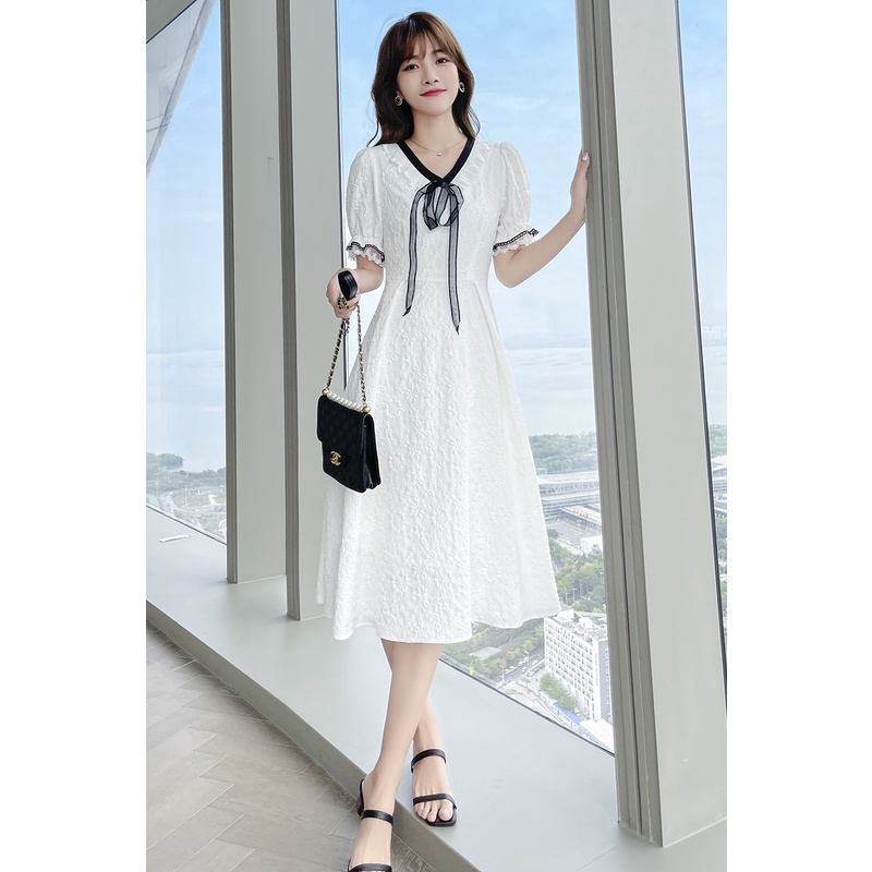 【Rozen】Korean White V-neck Midi Dress R088