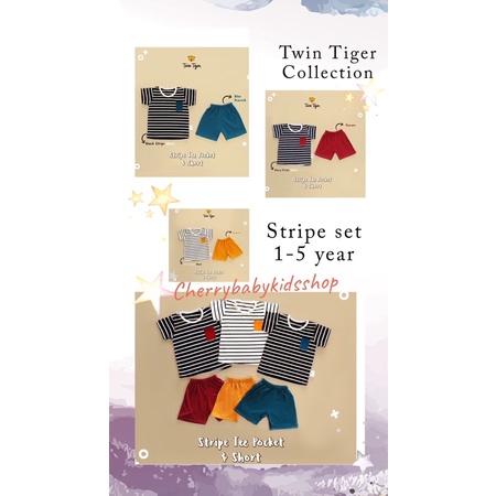 Twin Tiger Baby - Setelan Kaos Anak Tshirt Stripe / Pocket Tee Set Baju Anak Baju Bayi 0 -5 Th CBKS