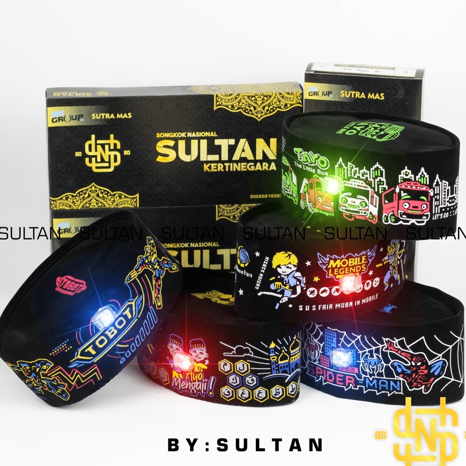 Peci Anak Lampu LED Lucu Karakter Kartun Tobot Tayo Mobile Legend Spiderman Upinipin Tinggi 9cm Bahan Beludru Bulu Hitam Bercahaya Menyala Lampu Lol