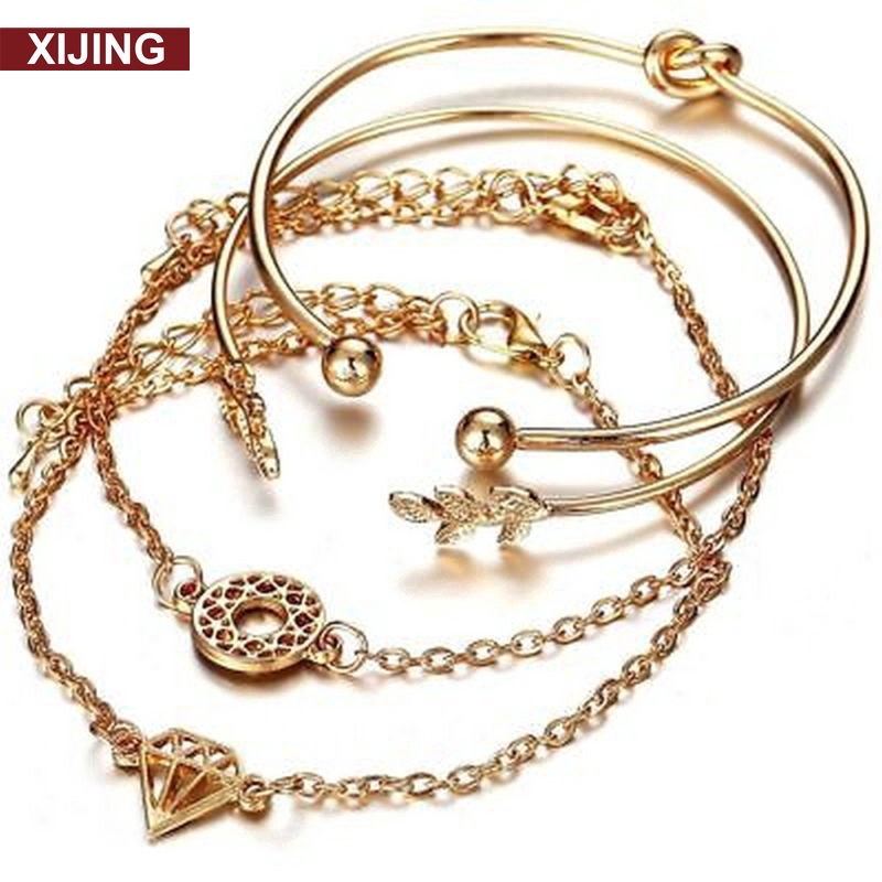 4pcs / Set Gelang Bangle Model Terbuka Dapat Disesuaikan Desain Daun Simpul Warna Emas