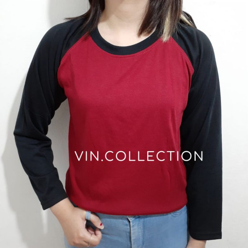 Kaos polos raglan pria wanita  - merah maroon kombinasi hitam