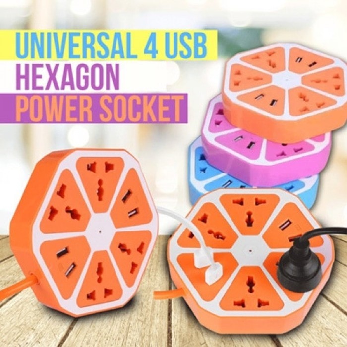 Stop Kontak USB Hexagon 4 Lubang Socket + 4 USB Colokan ListriK