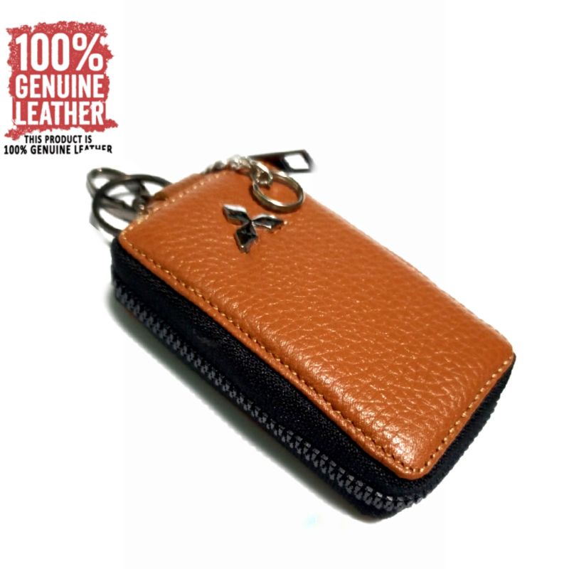 dompet kunci remot  keyless mobil mitsubishi transparan v.2 single zip kulit asli - dompet stnk mobil kulit