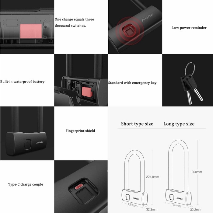 AREOX Smart Fingerprint U lock - Gembok Sidik Jari Sepeda Motor