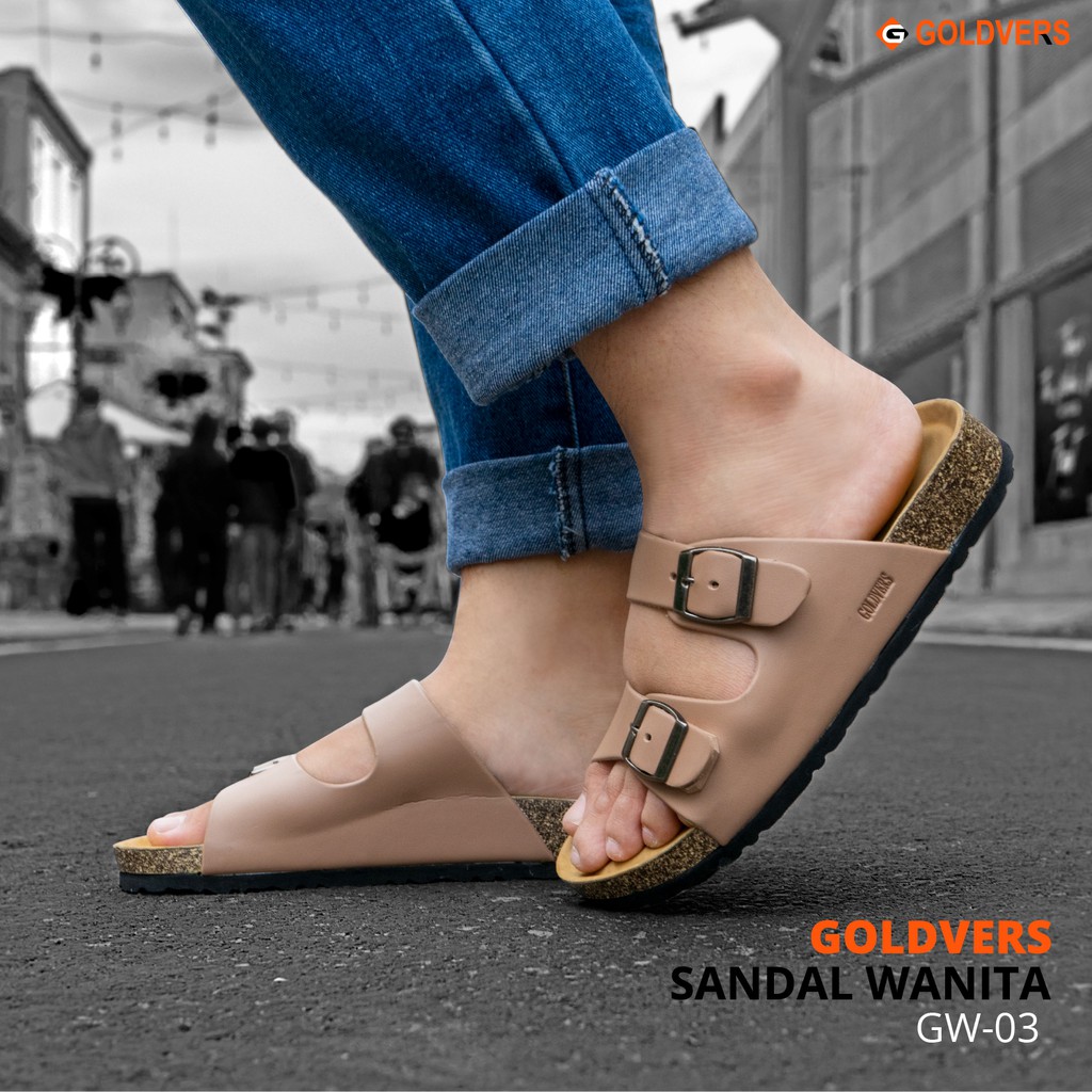 Goldvers Sandal Selop Wanita Synthetic leather PVC - Ukuran 36 sampai 40 ( Cream Coklat Pink )