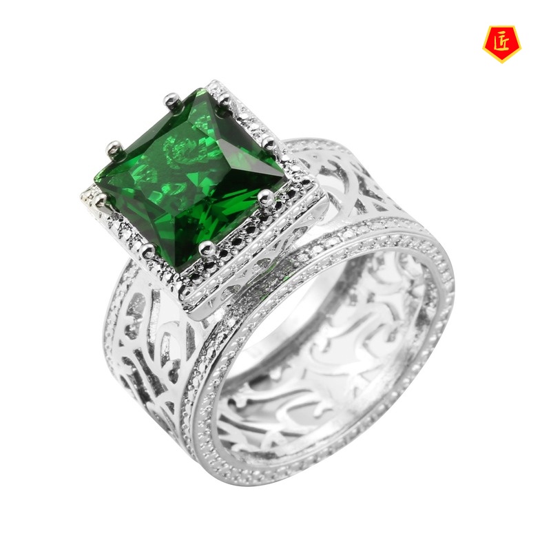 [Ready Stock]Temperament Hollow Flower Emerald Square Diamond Ring