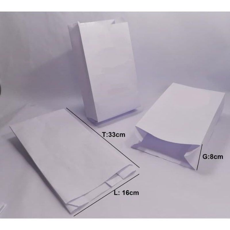 

100 PCS PAPER BAG KANTONG KERTAS 16x8x33 PUTIH POLOS TAHAN AIR DAN MINYAK