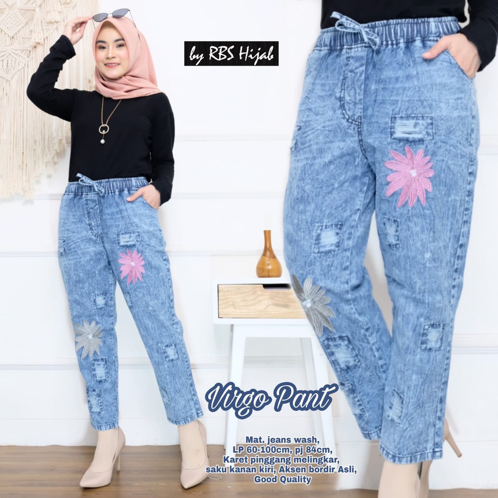 Baggy Jeans Celana Bordir Koreans Style Karet Muter Best Seller lovipant Cempaka Wajika Pita Snow Light Snow Black