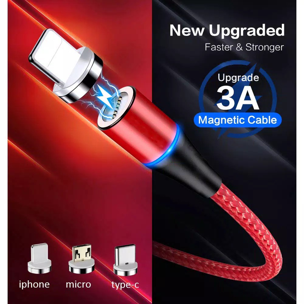 3A magnetic fast charging cable data transfer kabel casan magnet 3in1 micro usb type C iphone