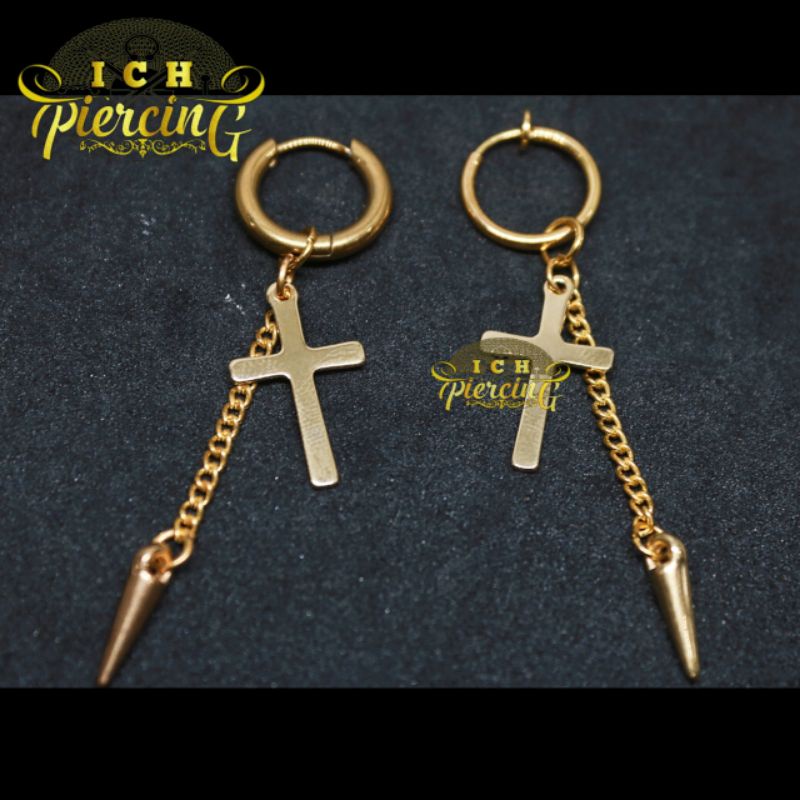 anting Hoop model Salib 01rante bandul gold / anting tindik dan jepit titanium gold / ICH PIERCING