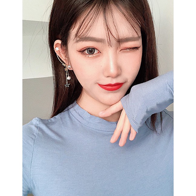 LRC Anting Tusuk Fashion Golden Shaped Pearl Pentagram Asymmetric Tassel Earrings D69976