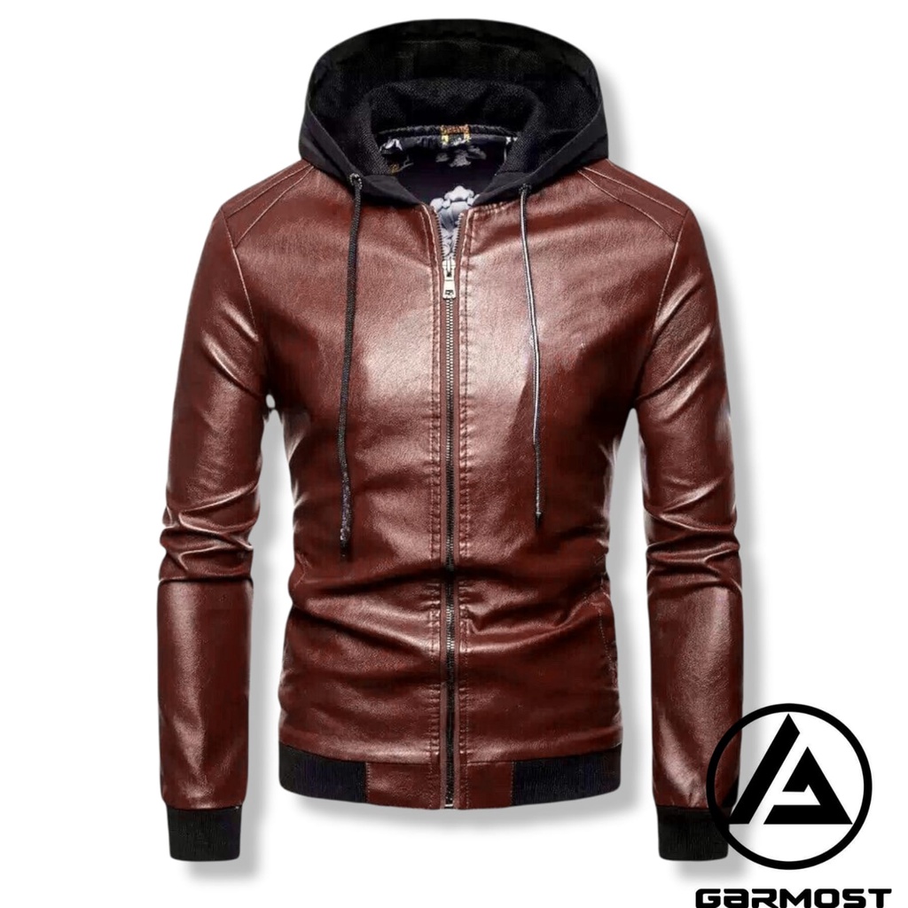 JAKET SEMI KULIT PRIA HOODIE POLYESTER [JAKET KULIT SINTETIS/PU LEATHER]