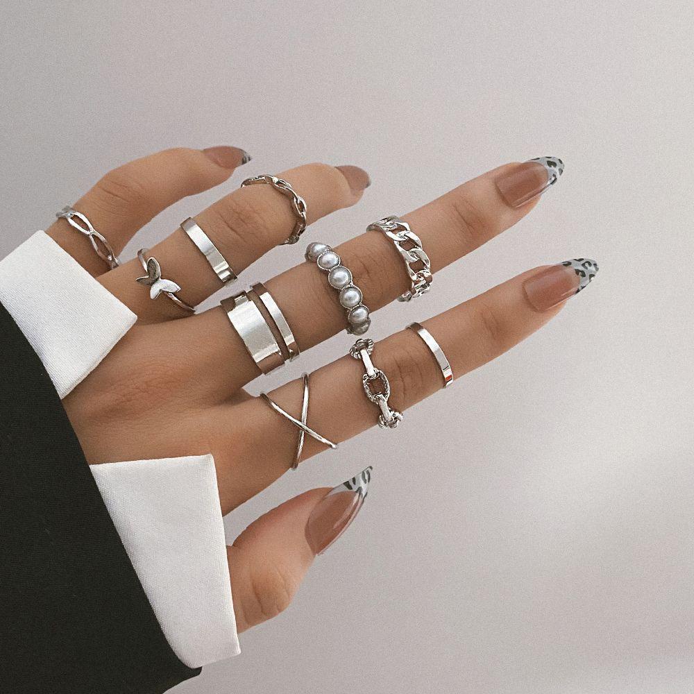 Lily 10PCS set Cincin Hadiah Pesta Desain Fashion Hollow Gold/Silver Geometric Finger Knuckle