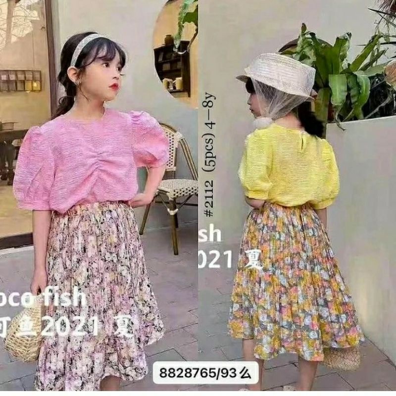 Setelan Rok Plisket Motif Bunga Setrok Anak Perempuan Import