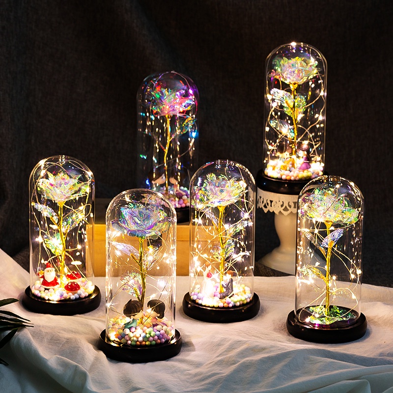 Lampu Hias LED Bunga Mawar Dekorasi Beauty And The Beast Rose Glass Dome | Pajangan Kado Valentine Hiasan Ruangan Kamar