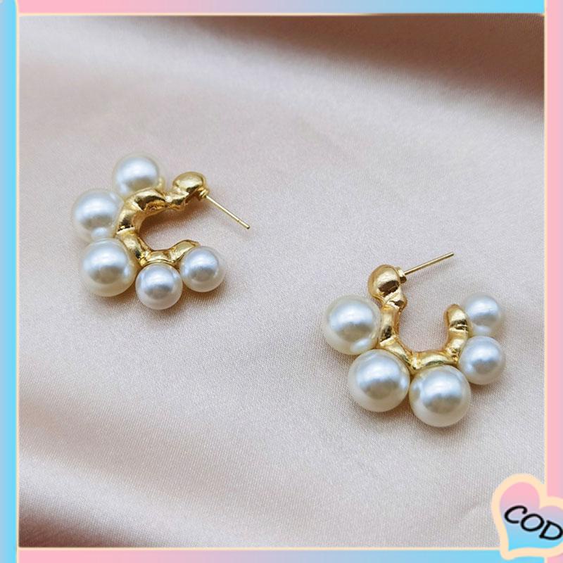 COD❤️ Retro Desain Ceruk Mutiara Besar Berbentuk C Rasa Anting Temperamen Tidak Teratur-A.one