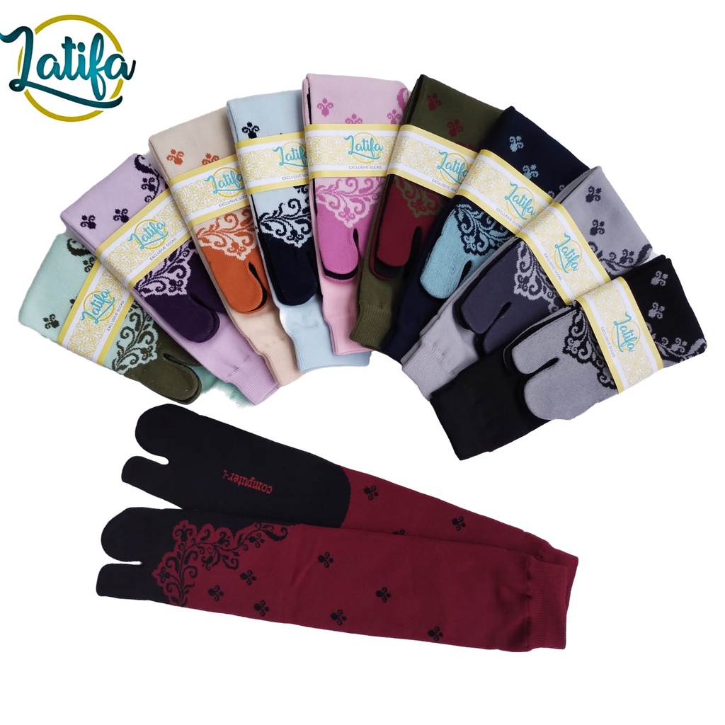 LUSINAN Kaos kaki Jempol Muslimah Motif Bunga 4 Bahan Nilon Untuk Dewasa Panjang Sebetis/ L