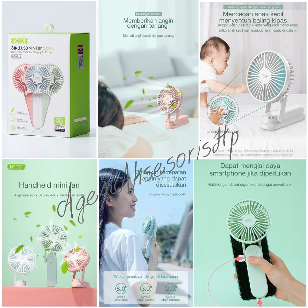 Kipas ROBOT RT-BF11 Foldable 3 in 1 USB Mini Fan &amp; Powerbank 2000mAh Handheld Mini Fan