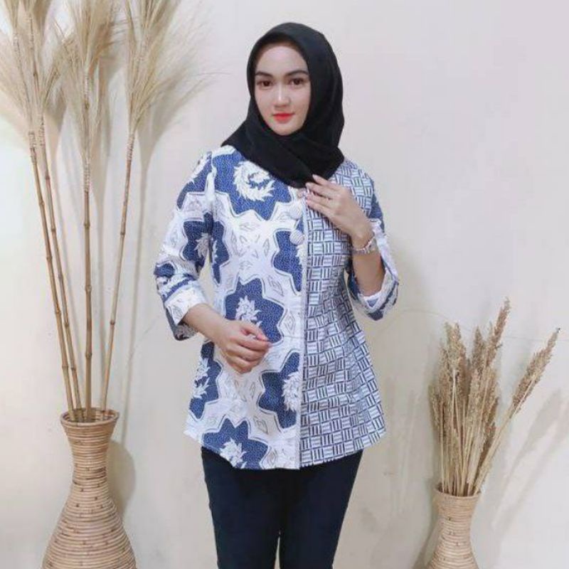 tey-17 Batik wanita ASJ SA HRB026 Kenongo Kemeja Tosca Pendek-Daphel Biru