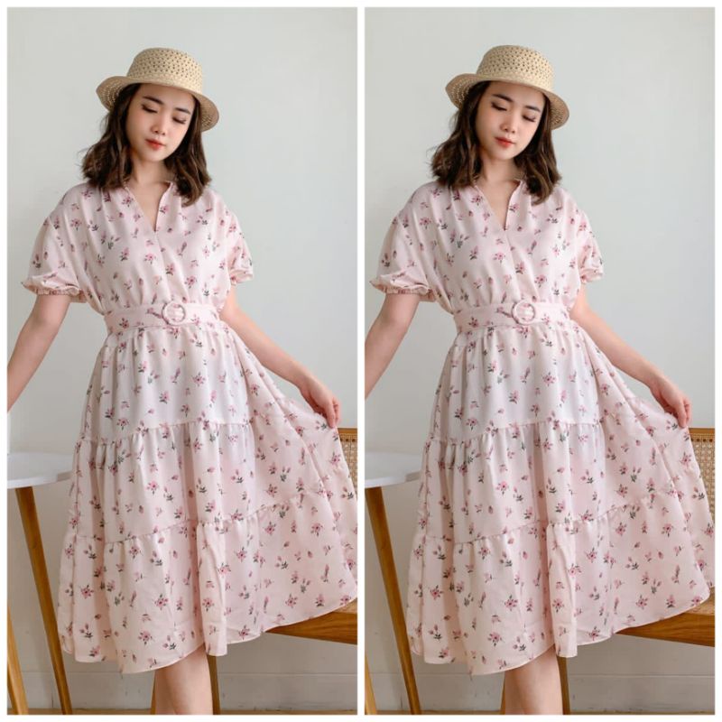 ♡ PREMIUM ♡ REAL PIC ! FRILLY FLORAL LAYER FLOWERY MIDI DRESS WITH BELT