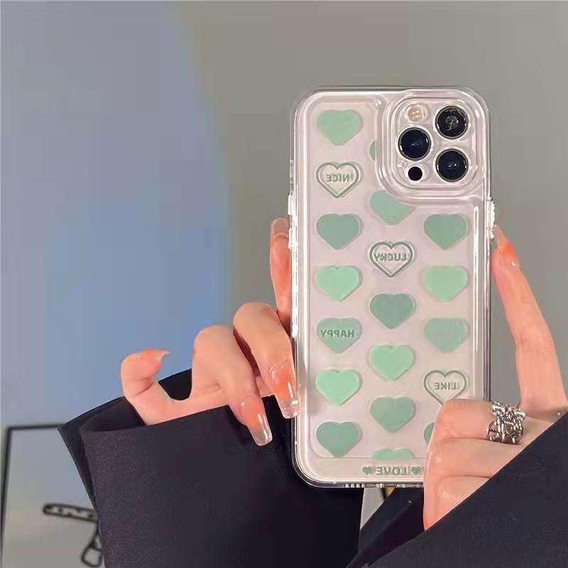 Case Akrilik Transparan 13 Pro 13prm Motif Hati Hijau Dengan Holder Untuk iPhone 11 7Plus 8Plus Xr XS 13 12 Pro Max