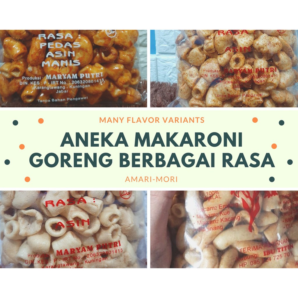 

Makaroni Goreng berbagai Rasa 200gr (Asin, Pedas, Manis Pedas, dan Bumbu Rujak)