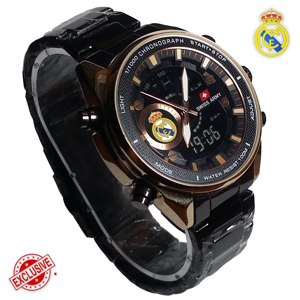 { EXCLUSIVE } JAM TANGAN REAL MADRID DUAL TIME ( Rantai Hitam )