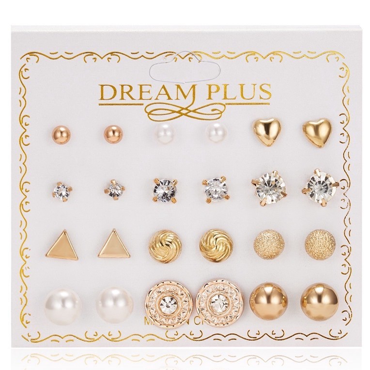 ⭐COD 12 Pasang Anting Set Tusuk Model Mutiara Intan Bentuk Bulat Gaya Korea Untuk Wanita Dalika-B