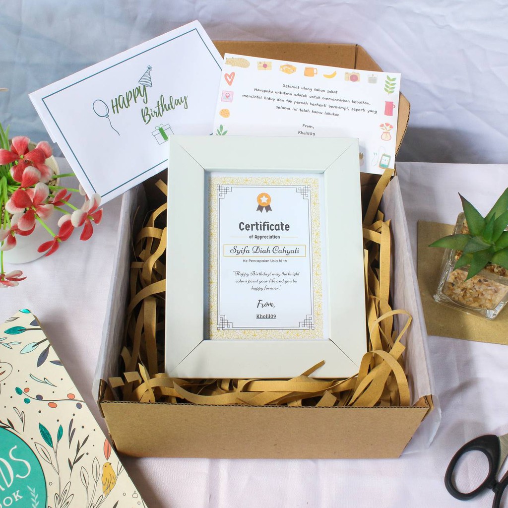 Sertifikat Kado Ulang Tahun / Anniversary Gift / Gift Wisuda / Gift Box Kado dan Hampers Custom