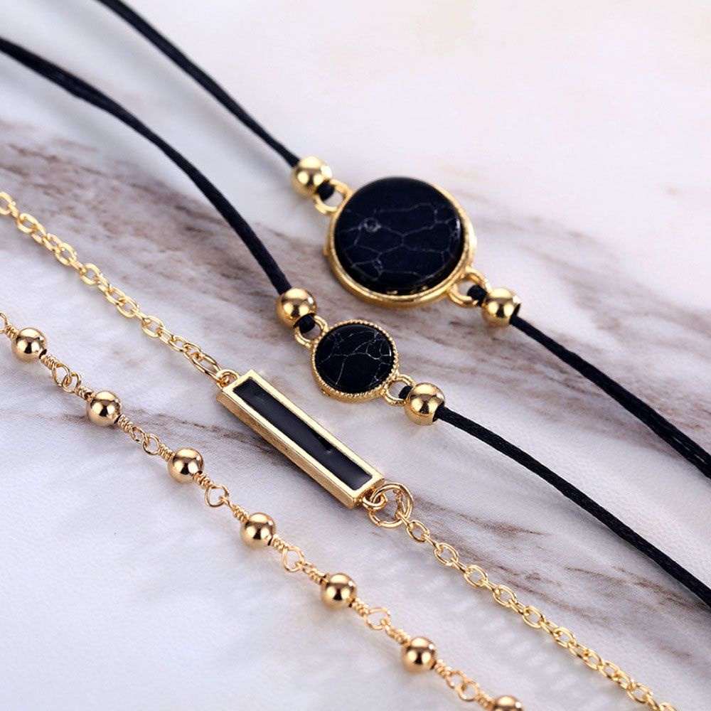 Needway  Geometric Jewelry Elegant Fashion Accessories Bracelet 4Pcs/Set Black Square Stone Handmade Simple Chain/Multicolor